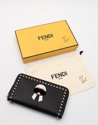 RRP €1010 FENDI ROMA Saffiano Leather Clutch Wallet Karlito Patch Mink Fur Trim gallery photo number 1