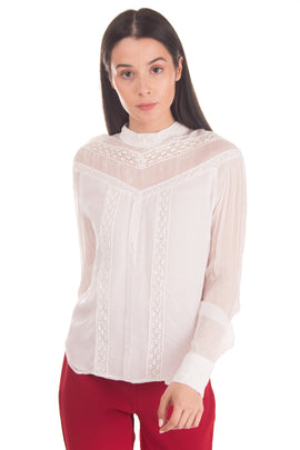 MAJE Top Blouse Size 1 / S White Lace Trim Partly See Through Mock Neck