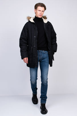 TOPMAN Parka Style Jacket Size L Padded Drawstring Waist Faux Fur Hooded