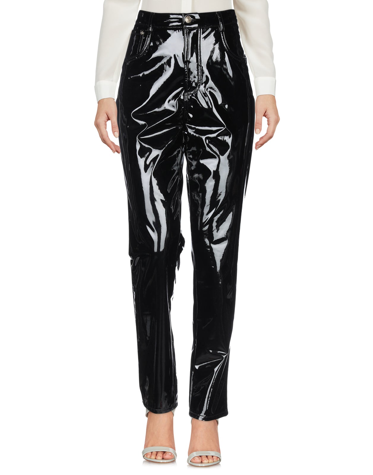 RRP€275 CHIARA FERRAGNI Latex Trousers Size M Black Logo Patch High Waist gallery main photo