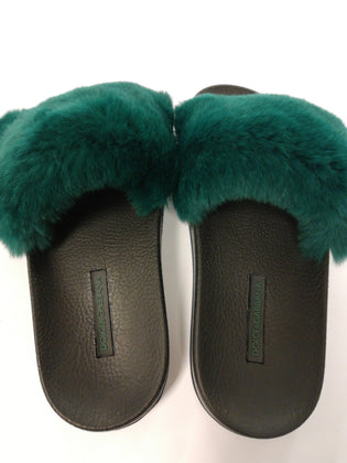 RRP €410 DOLCE & GABBANA Rabbit Fur Slide Sandals US7 UK4 EU37 Green Footbed gallery photo number 8