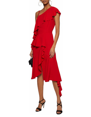 RRP €570 GOEN.J Silk Crepe Midi Asymmetric Hem Dress Size S Red Ruffle Raw
