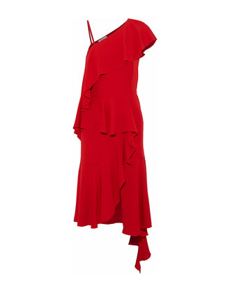 RRP €570 GOEN.J Silk Crepe Midi Asymmetric Hem Dress Size S Red Ruffle Raw gallery photo number 3