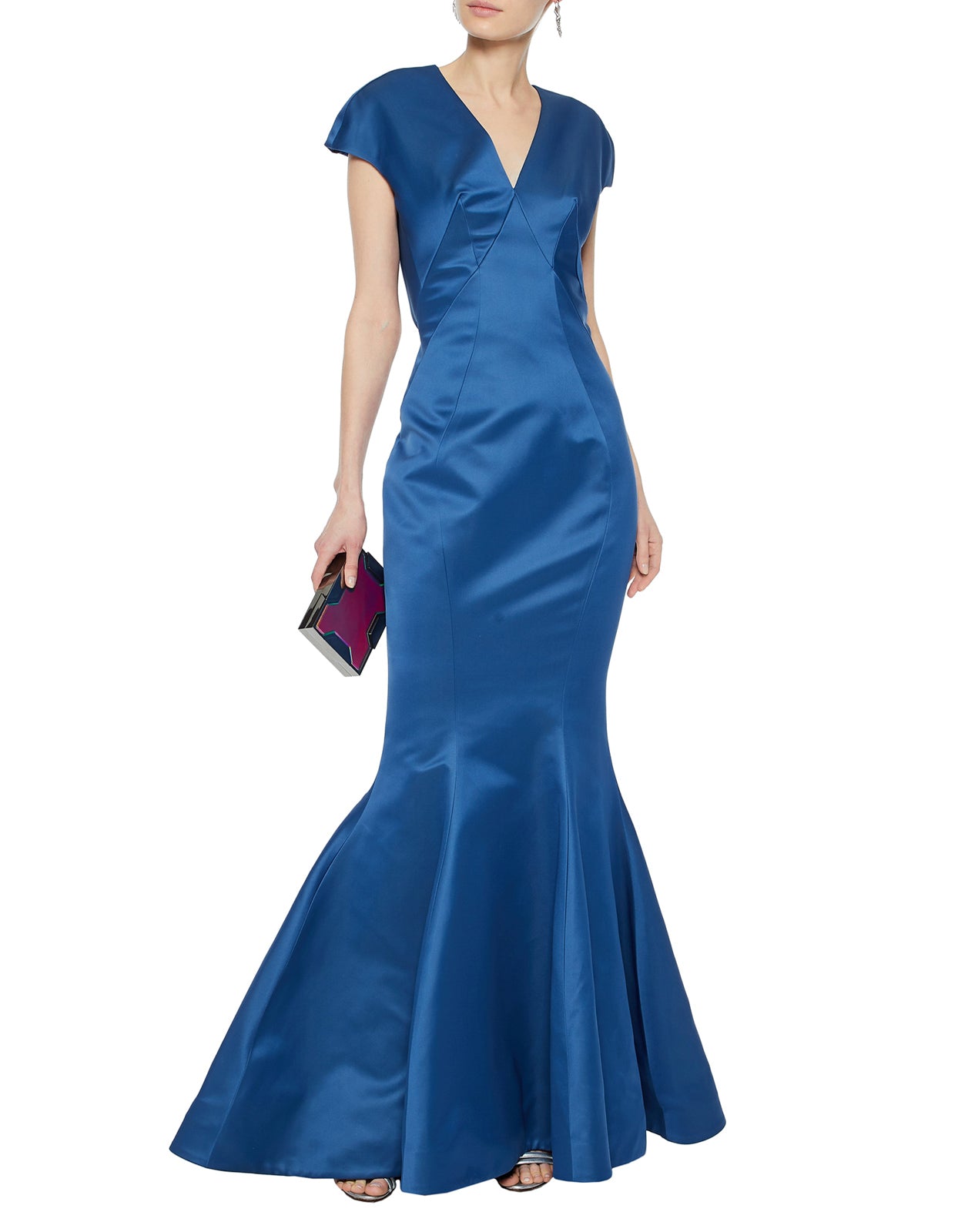 RRP€4285 ZAC POSEN Satin Evening Mermaid Gown Size US 8 M Train Back Made in USA gallery main photo