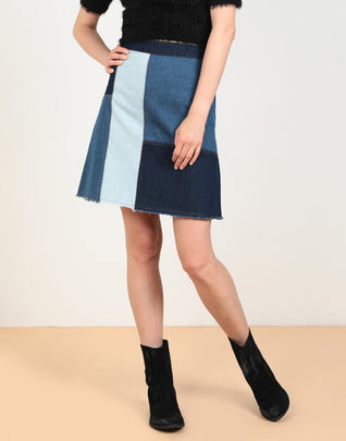RRP €155 GEORGE J. LOVE Denim Patchwork A-Line Skirt W27 Frayed Hem