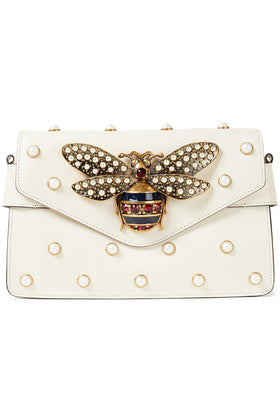RRP €2875 GUCCI Broadway Pearly Bee Leather Clutch Bag Magnetic Flap Closure gallery photo number 2