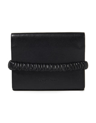 RRP€390 BOTTEGA VENETA Leather Mini Flap Wallet Black Card Pockets Elastic Strap