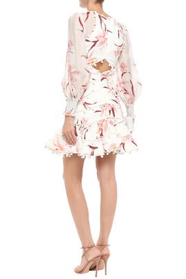 RRP €1100 ZIMMERMANN Linen Flounce Dress Size 0 / XS Floral Pom Pom Trim V Neck