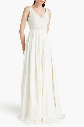 RRP€1750 THEIA Silk Wedding Flare Dress US0 UK4 IT36 XXS Sequined Beaded V-Neck