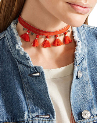 CHAN LUU Choker Necklace HANDCRAFTED Tassel Trim Self-Tie Metal Chain Detail