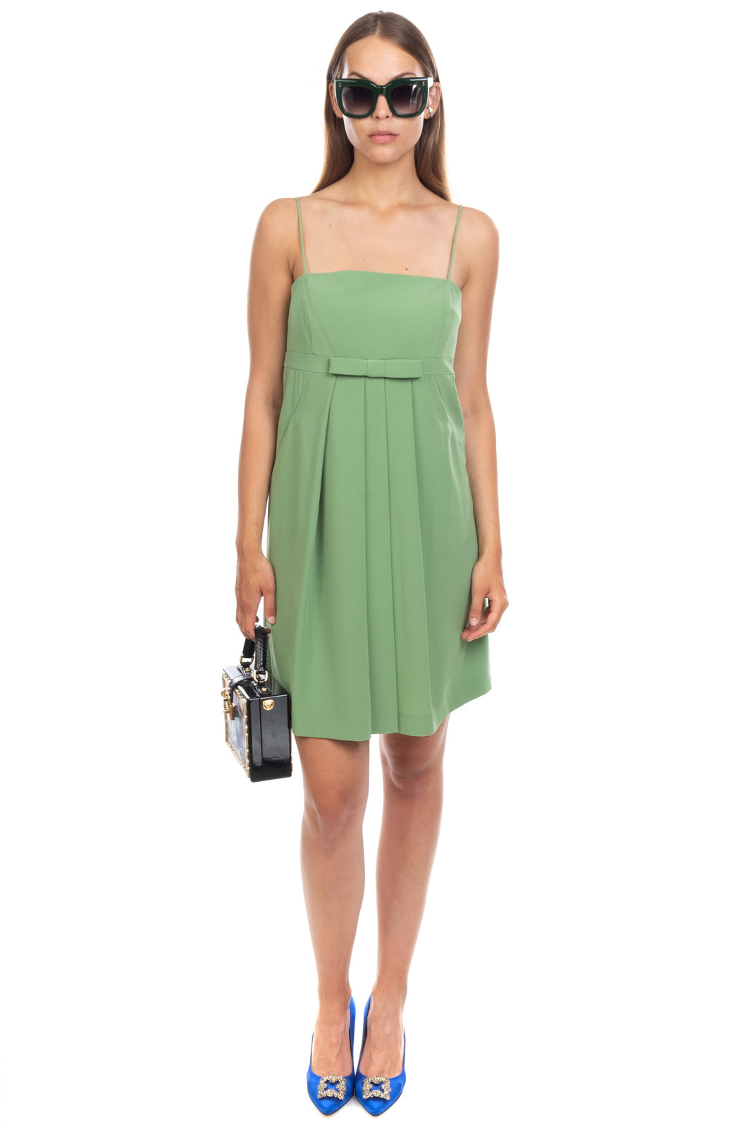 RRP €390 MOSCHINO CHEAP AND CHIC Trapeze Dress Size 42 / M Green Pleated Strappy gallery main photo