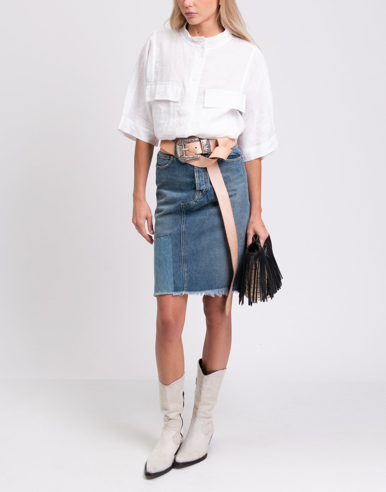 RRP €480 GOLDEN GOOSE DELUXE BRAND Denim Skirt Size XS Faded Frayed Edges Belted gallery main photo