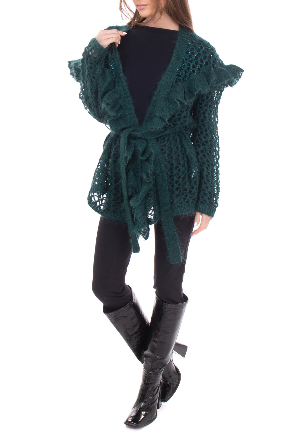 RRP €295 MANOUSH Open Knit Cardigan Size S Kid Mohair & Wool Blend Ruffle Y-Neck gallery main photo