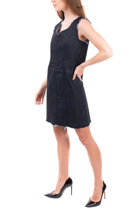 8 Denim A-Line Dress Size M Frayed Edges Unlined Sleeveless V Neck Made in Italy gallery photo number 3