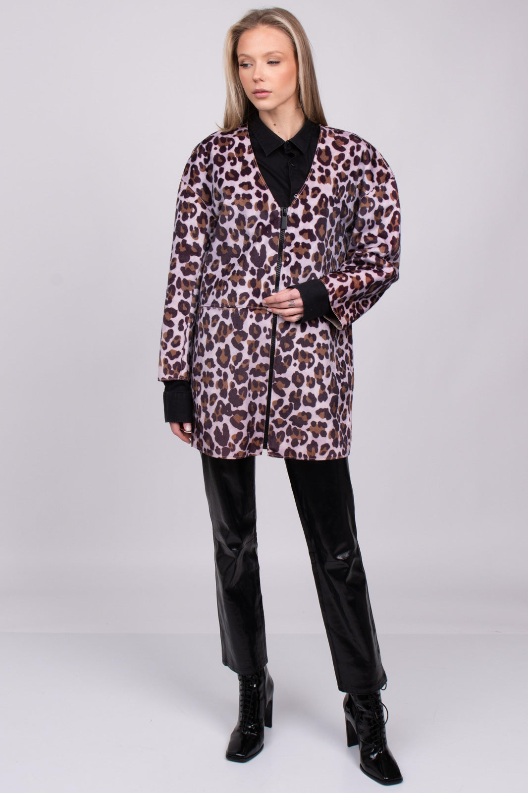RRP €305 PINKO Hairy Fabric Coat Size 40 / S Unlined Leopard Pattern Full Zip gallery main photo
