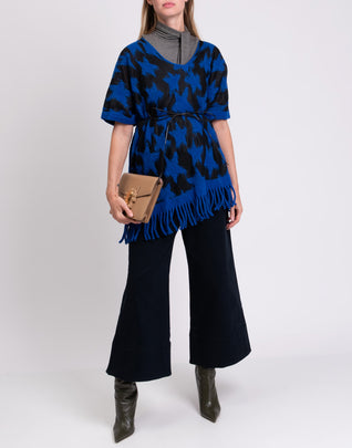 RRP €280 BERNA Poncho One Size Wool Blend Star Pattern Waist Tie V-Neck