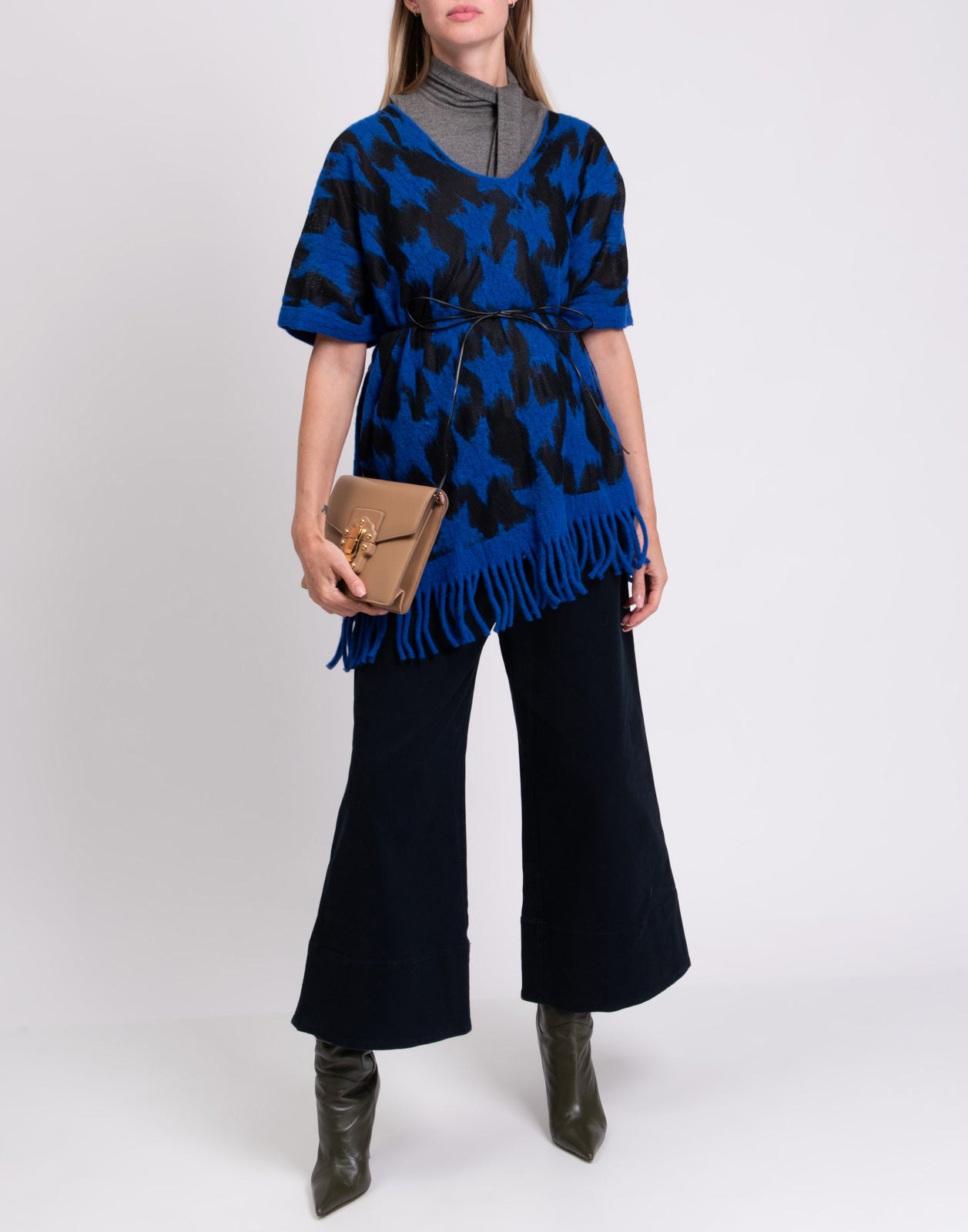 RRP €280 BERNA Poncho One Size Wool Blend Star Pattern Waist Tie V-Neck gallery main photo