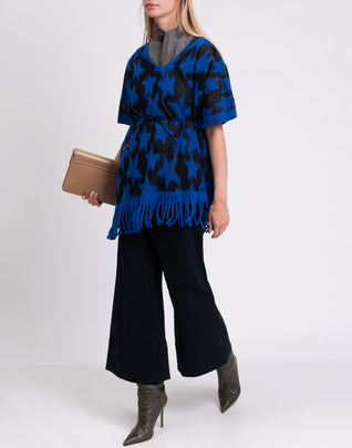 RRP €280 BERNA Poncho One Size Wool Blend Star Pattern Waist Tie V-Neck