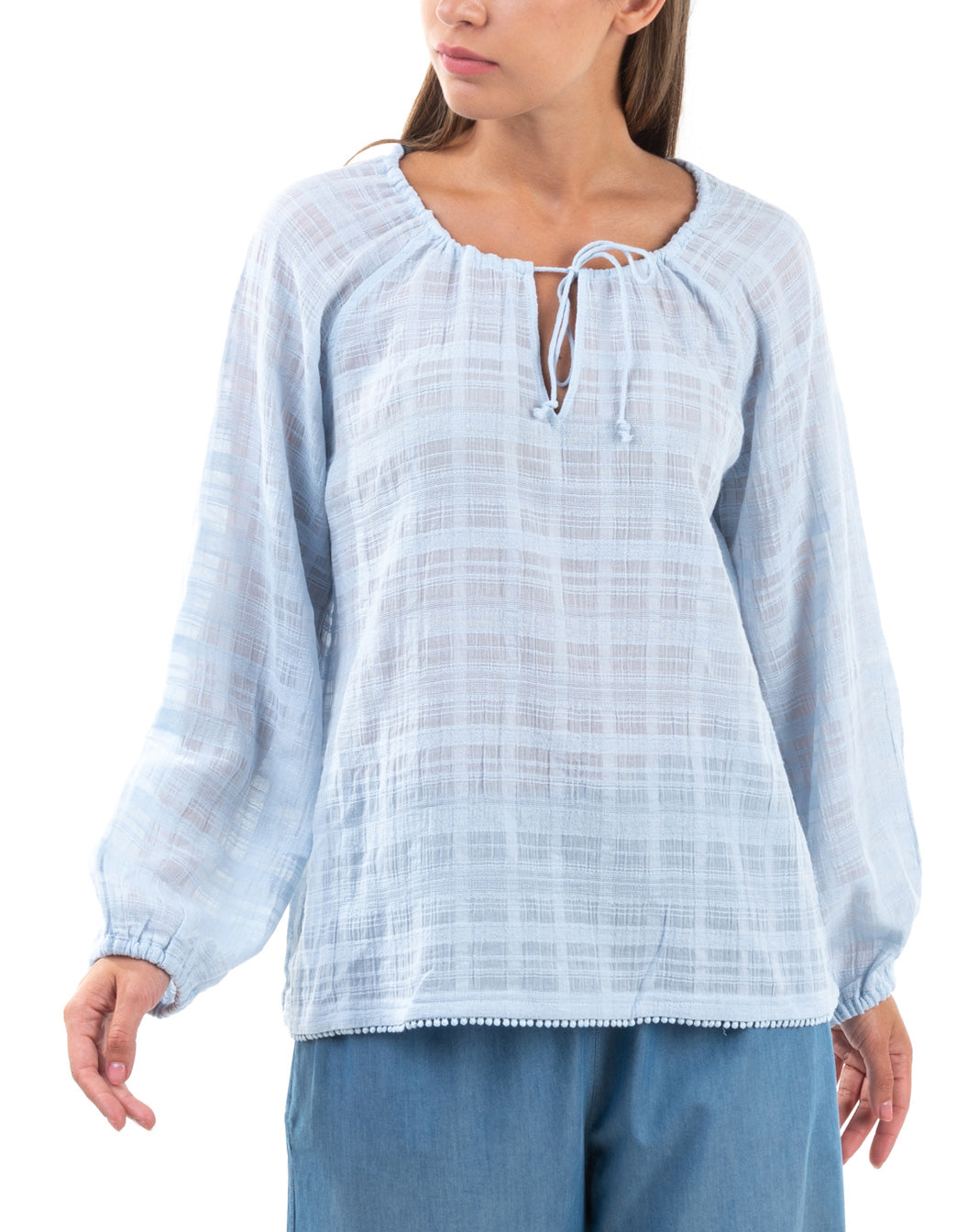 RRP €110 SKIN Pyjama Top Size 1 / S Tartan Pom Poms Hem Slightly See Through gallery main photo