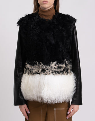 RRP €1595 ASHLEY B. Lamb Fur Jacket Size XS Leather Sleeve Hook & Eye Crew Neck gallery photo number 4