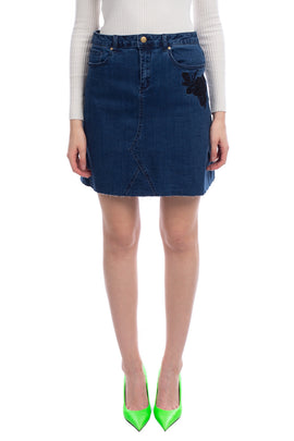 GEORGE J. LOVE Denim Skirt Size 27 Garment Dye Embroidered Flower Raw Hem