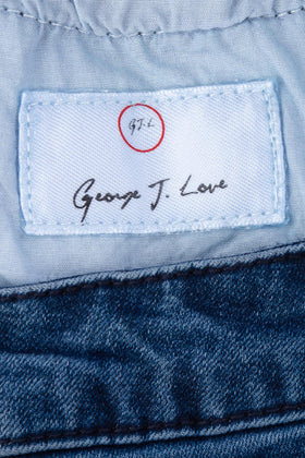 GEORGE J. LOVE Denim Skirt Size 27 Garment Dye Embroidered Flower Raw Hem gallery photo number 6