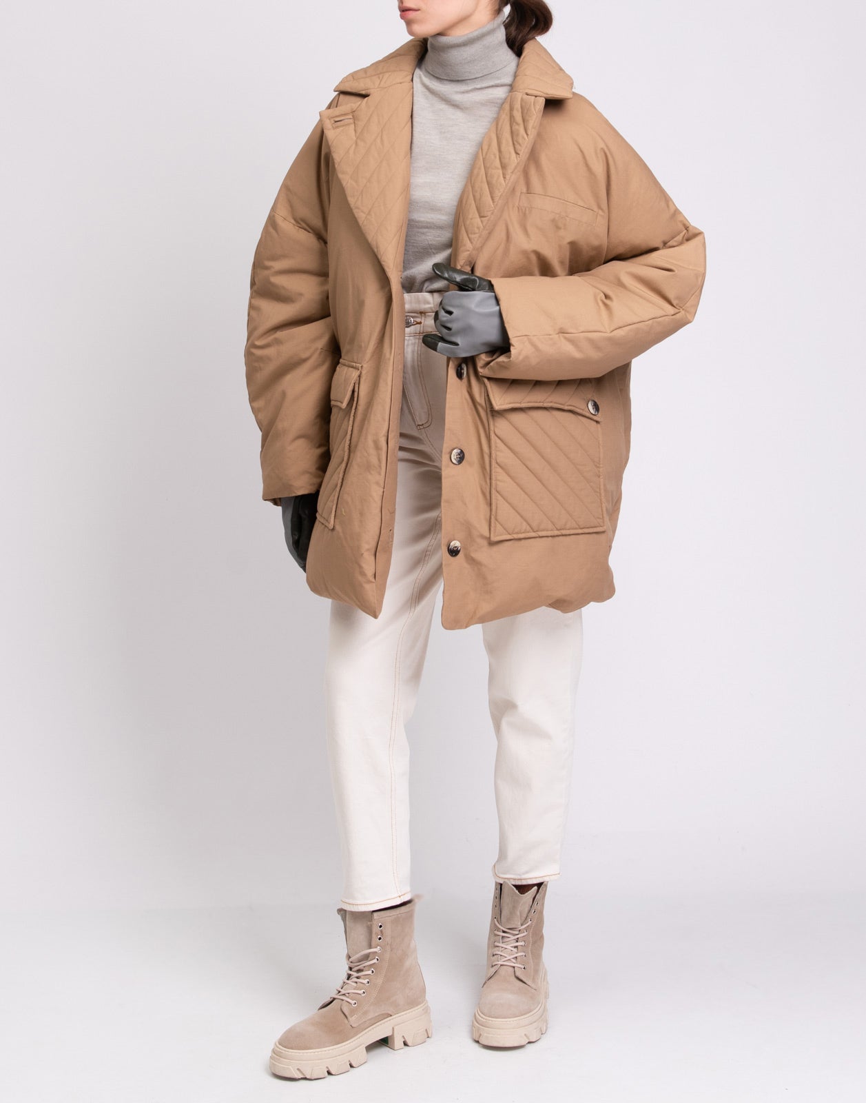 RRP€710 GANNI Oversized Coat Size L/XL Beige Linen Blend Quilted Padded gallery main photo