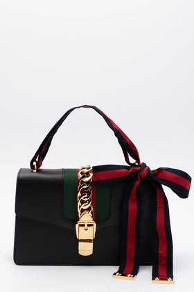 RRP€2440 GUCCI SYLVIE Leather Satchel Bag Web Stripe & Chain Trim Bow Top Handle gallery photo number 3