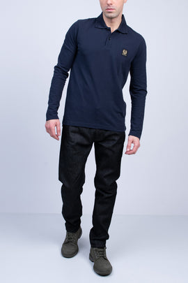 BELSTAFF Polo Shirt US-UK38 IT48 M Logo Split Hem Long Sleeve Spread Collar