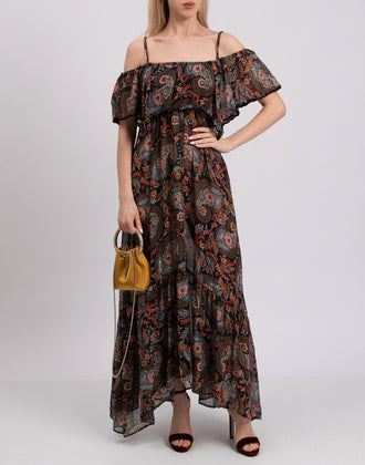RRP €680 ANJUNA Maxi Flounce Dress Size M Paisley Cold Shoulders Made in Italy gallery photo number 1