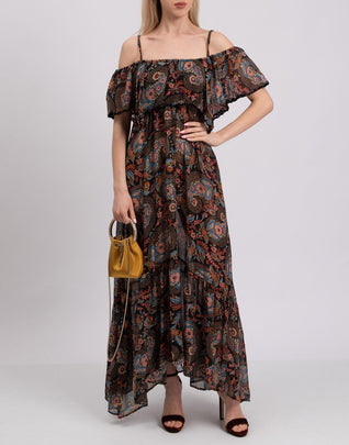 RRP €680 ANJUNA Maxi Flounce Dress Size M Paisley Cold Shoulders Made in Italy