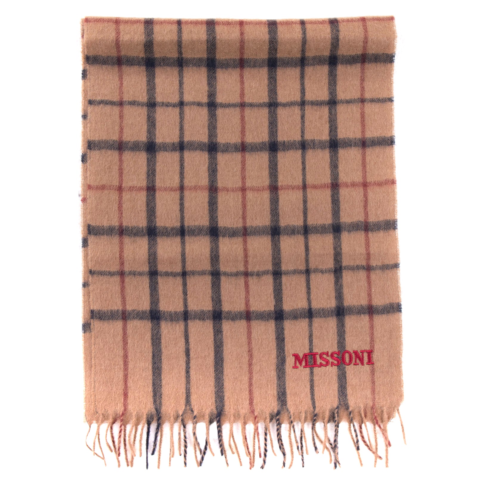 RRP €360 MISSONI Camel Hair Stole Scarf Plaid Pattern Fringe Trim Made in Italy gallery main photo