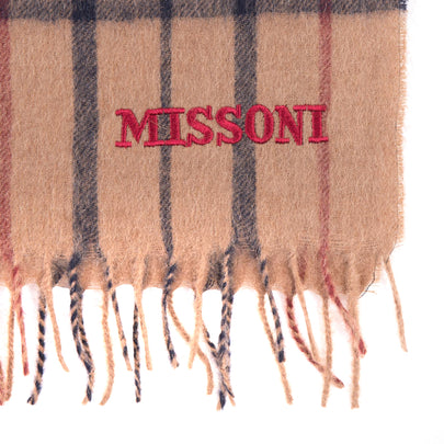 RRP €360 MISSONI Camel Hair Stole Scarf Plaid Pattern Fringe Trim Made in Italy