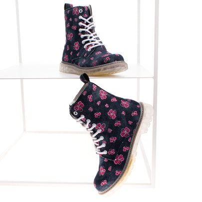 CAFENOIR Denim Combat Boots EU 38 UK 5 US 8 Floral Pattern