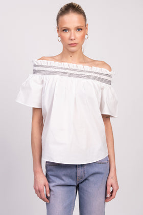 RRP €125 PINKO Top Blouse US4 IT40 S White Shirred Off Shoulder ISTRUITO gallery photo number 3