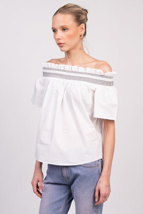 RRP €125 PINKO Top Blouse US4 IT40 S White Shirred Off Shoulder ISTRUITO gallery photo number 4