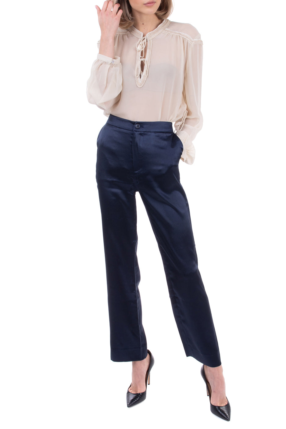 8 Satin Tailored Trousers Size IT 40 Zip Fly gallery main photo