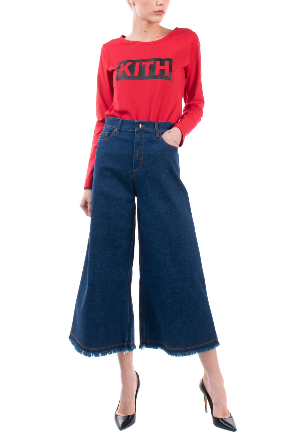 RRP €190 8 Jeans W27 Stretch Wide Leg Frayed Cuffs Cropped Made in Italy gallery main photo