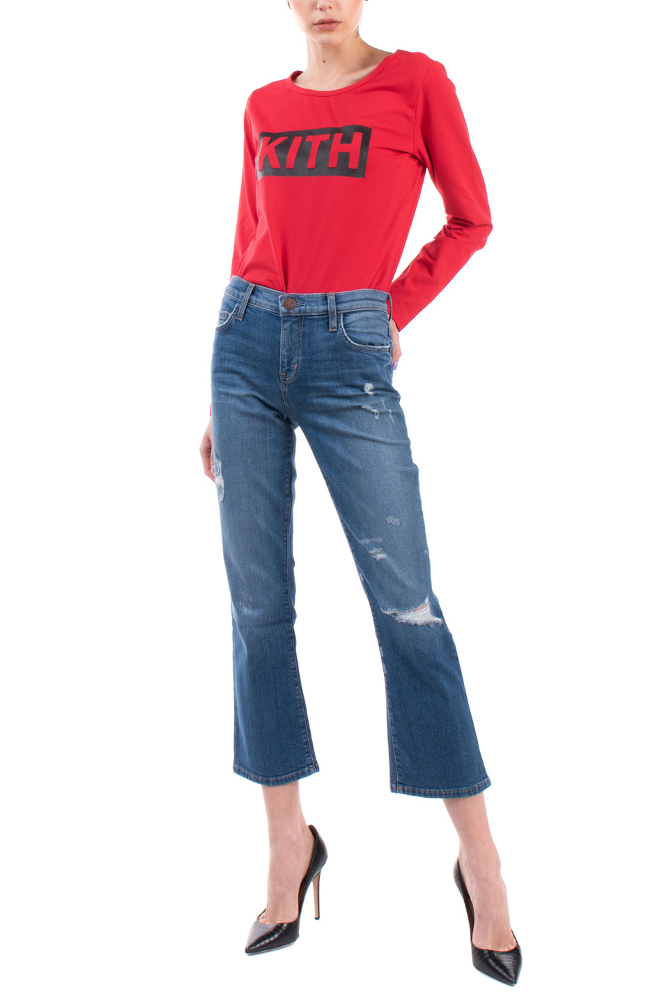 RRP €280 CURRENT/ELLIOTT Kick Jeans W28 Stretch Ripped Faded Cropped Relaxed Fit gallery main photo