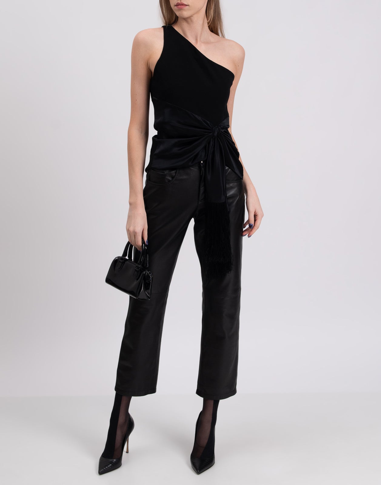 RRP €405 CINQ A SEPT Top Blouse Size S Fringe Satin Hem Knot Front One Shoulder gallery main photo