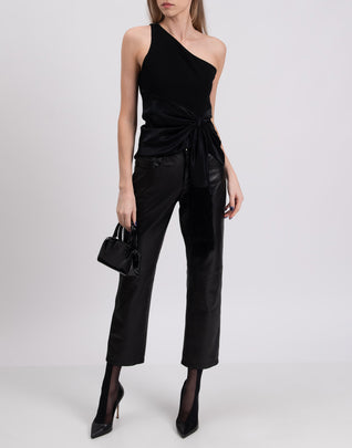 RRP €405 CINQ A SEPT Top Blouse Size S Fringe Satin Hem Knot Front One Shoulder