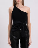 RRP €405 CINQ A SEPT Top Blouse Size S Fringe Satin Hem Knot Front One Shoulder gallery photo number 4