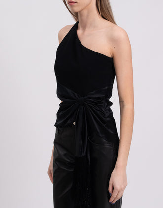 RRP €405 CINQ A SEPT Top Blouse Size S Fringe Satin Hem Knot Front One Shoulder gallery photo number 5