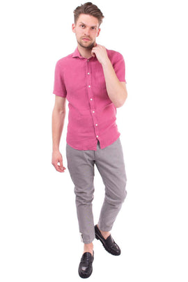 RRP €205 HACKETT Linen Shirt Size S Garment Dye Round Hem Spread Collar Slim Fit