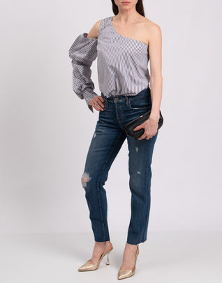 RRP €180 PETERSYN Top Blouse Size L Striped Single Sleeve Made in USA