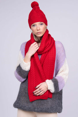 RRP €340 CHINTI & PARKER Merino Wool Scarf & Beanie Cap One Size Red Cable Knit