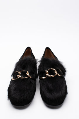 RRP €260 POLLINI Leather & Rabbit Fur Loafer Shoes US6.5 IT37 EU38 UK4 Chain