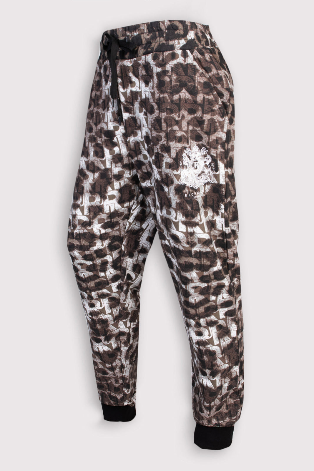 JOHN RICHMOND Jogger Trousers Size L Coated Logo Fur Pattern Ribbed Cuffs gallery main photo