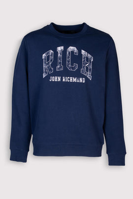 JOHN RICHMOND Pullover Sweatshirt Size L Granite Effect Logo Front Crew Neck