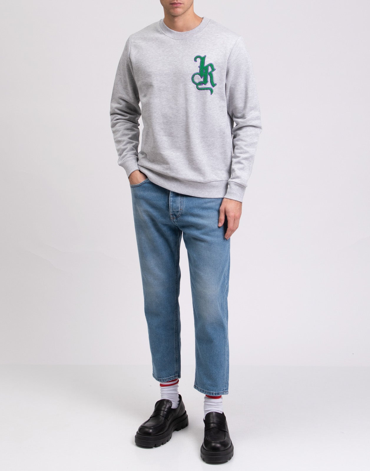JOHN RICHMOND Pullover Sweatshirt Size M Melange Effect Logo Monogram Patch gallery main photo